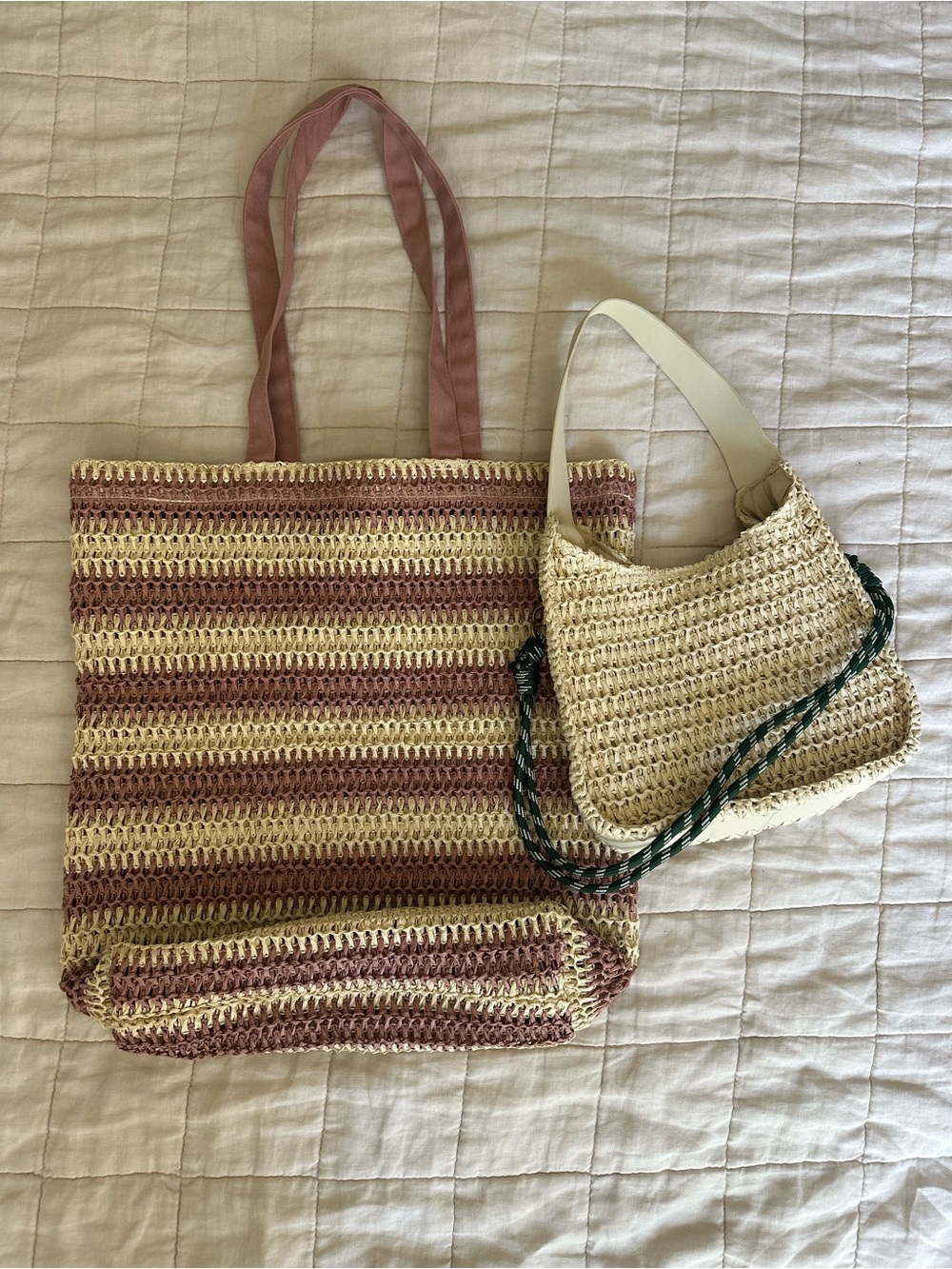 Raffia Woven Straw Tote Bag set in Pink and Cream - both brand NWOT